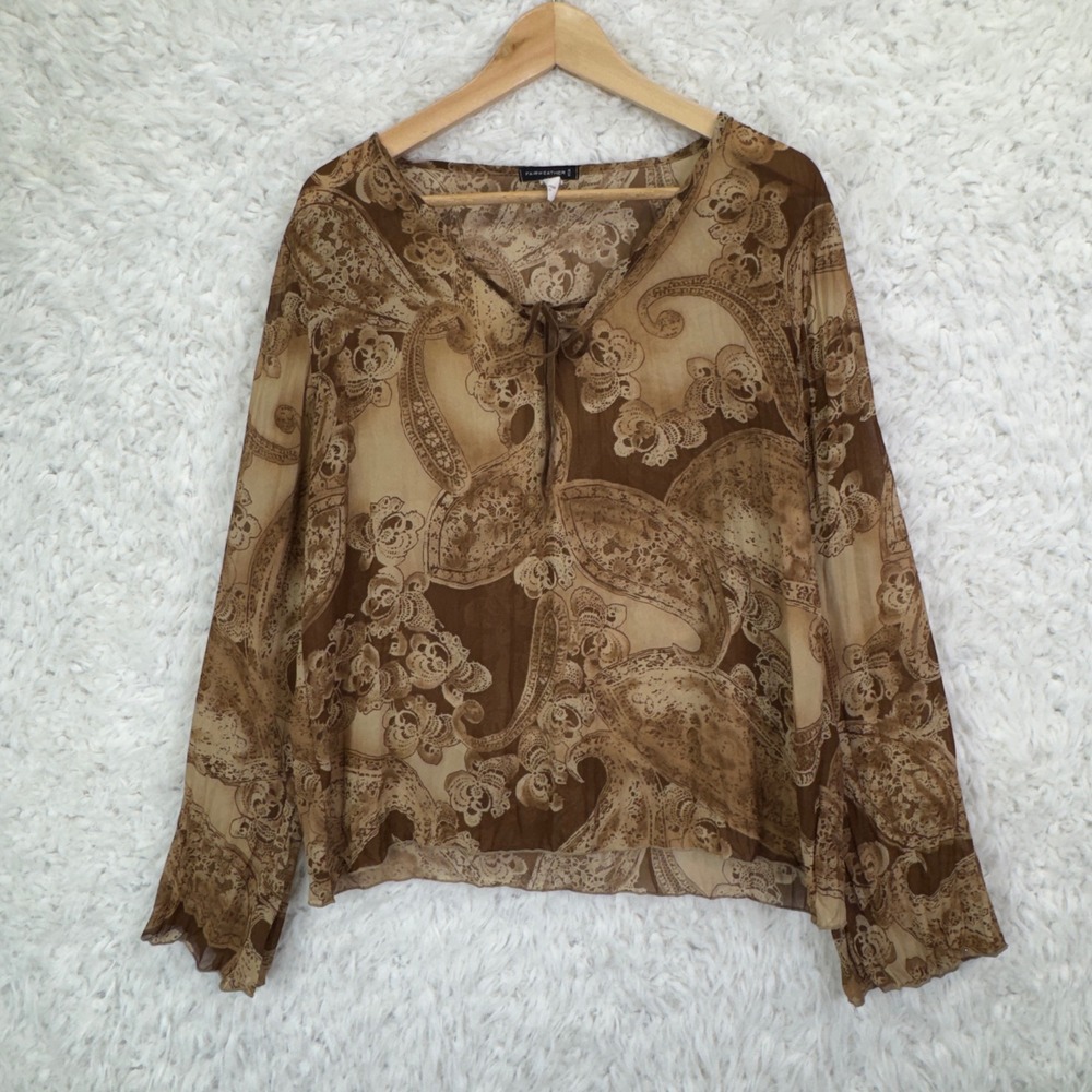 Fairweather Paisley‎ Blouse L Brown Boho Sheer Y2K Whimsigoth Long Sleeve Top
